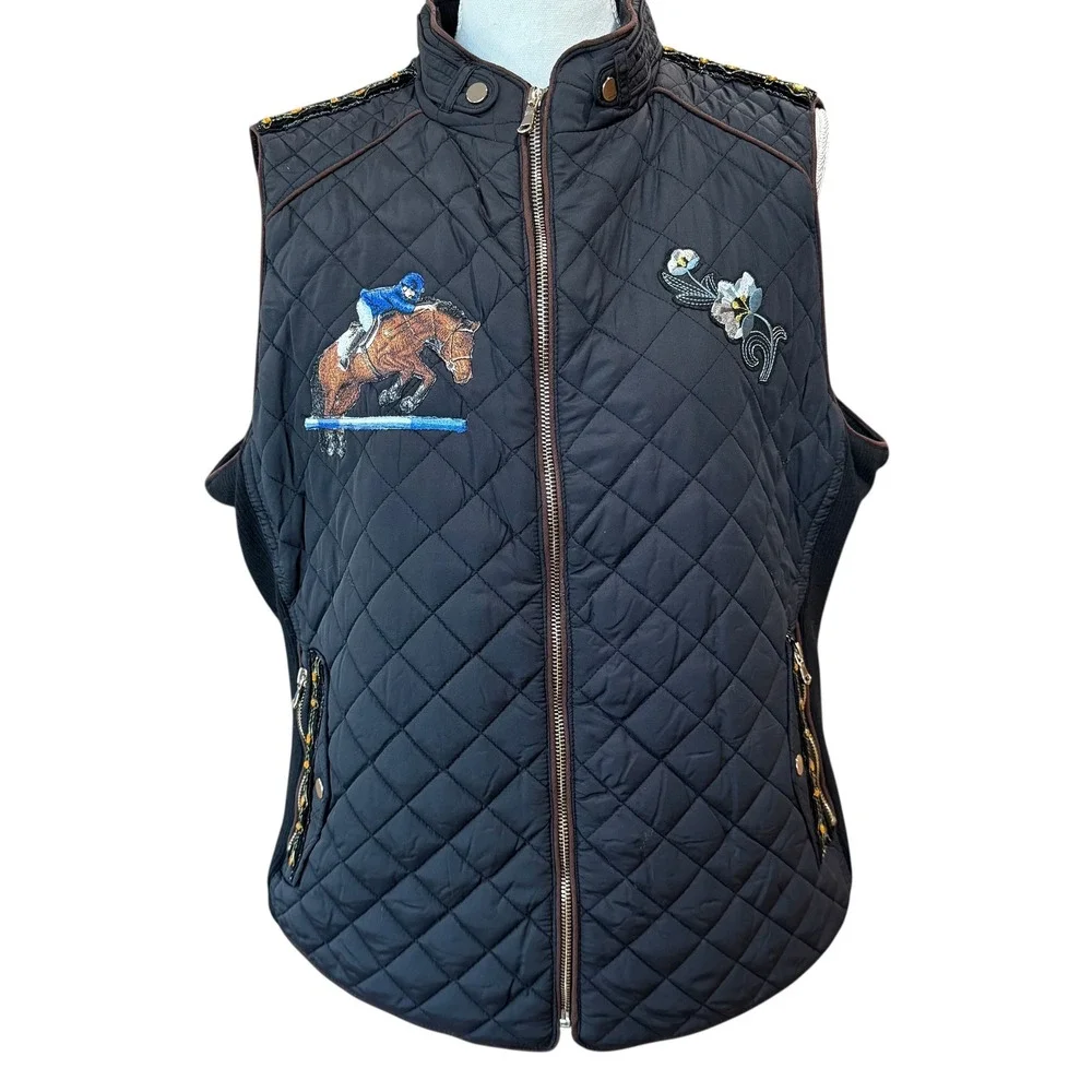 Lesal Upcycled Quilted Vest Horse Tapestry Equestrian Black XXL‎